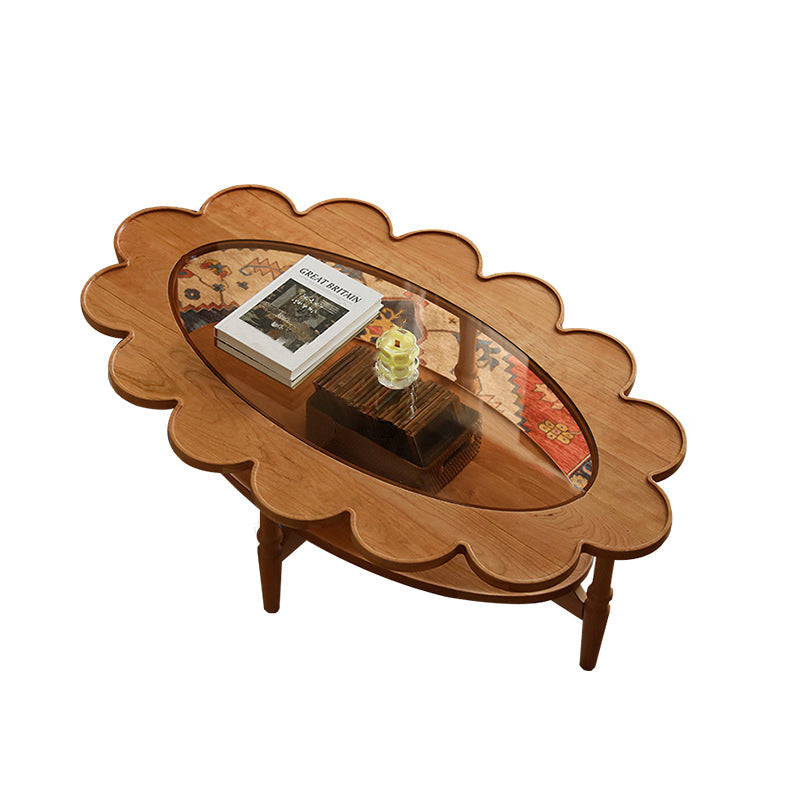 Traditional Vintage Floral-Shaped Solid Wood Glass Coffee Table 2-Tier For Living Room