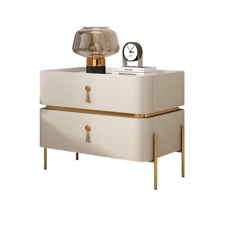 Contemporary Luxury Rectangular High-Leg Design Pine Wood Medium Density Fiberboard Microfiber Leather Stone Slab Carbon Steel Nightstand 2-Drawer For Bedroom