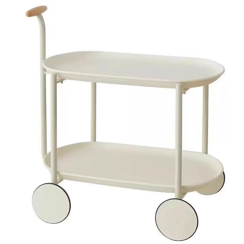 Contemporary Creative Cart-Shaped ABS Carbon Steel Solid Wood Mobile Side Table 2-Tier For Living Room