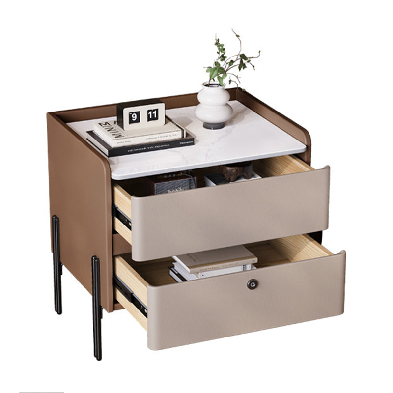 Modern Minimalist Rectangular High-Leg Design Stone Slab Pine Solid Wood Cat-Scratch Leather Carbon Steel Nightstand 2-Drawer For Bedroom