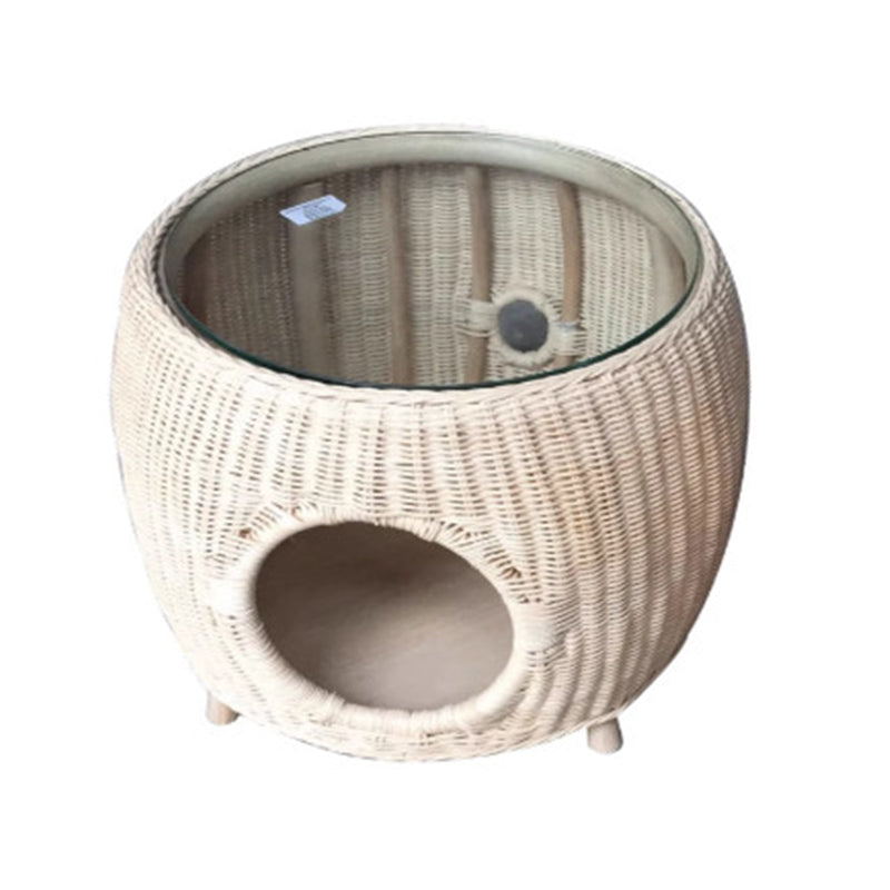 Contemporary Creative Cylindrical PE Rattan Glass Cat Bed Coffee Table 2-Tier For Living Room