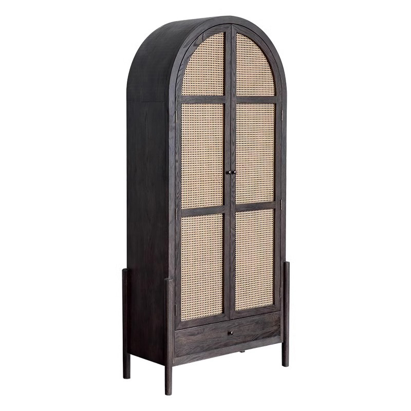 Contemporary Nordic Arch-Shaped Rectangular Solid Red Oak Natural Rattan Storage Cabinet 5-Tier For Living Room