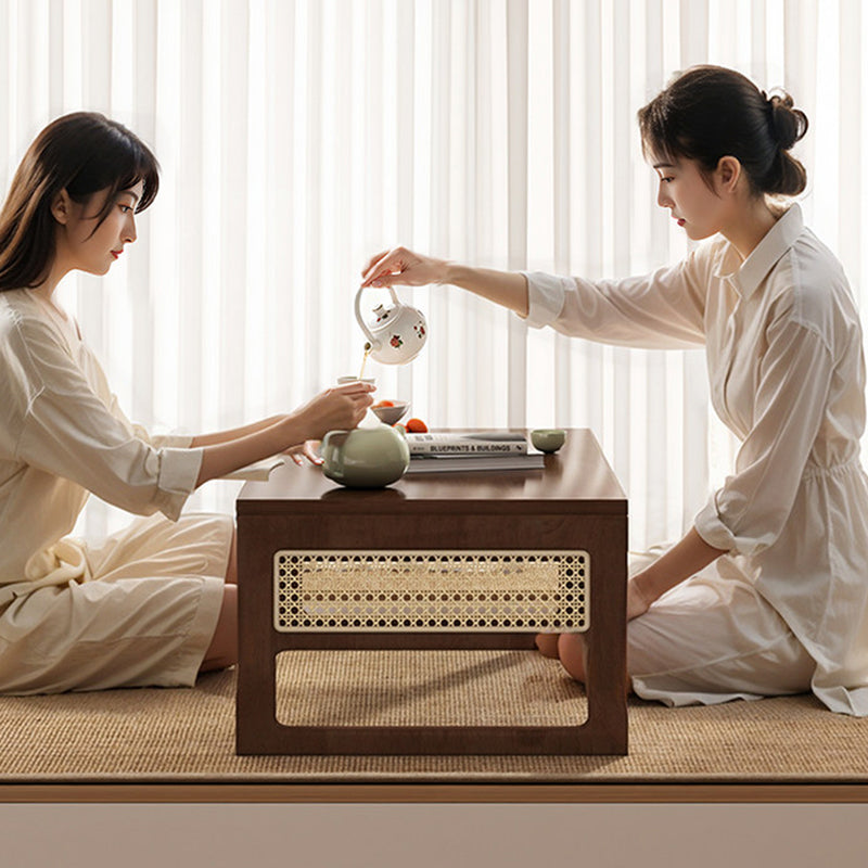 Traditional Japanese Rectangular Folding Rubberwood Rattan Coffee Table 1-Tier For Living Room