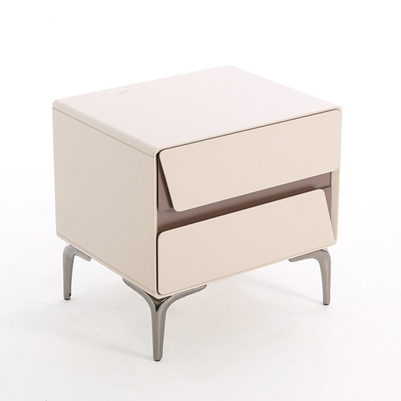 Modern Luxury Beige 2-Drawer Storage Nightstand - Two-Tone Panel Design Geometric Bedside Table For Bedroom