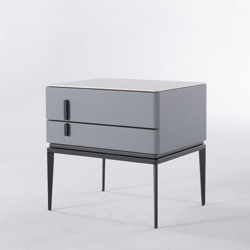 Modern Minimalist Gray Faux Leather 2-Drawer Storage Nightstand - Iron Leg Bedside Table For Bedroom