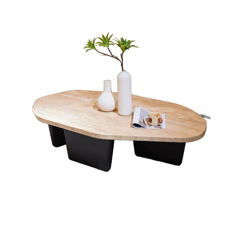 Traditional Japanese Irregular Oval Stone Slab Natural Travertine Wood Coffee Table For Living Room