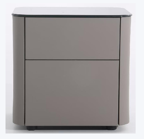 Modern Minimalist 2-Drawer Faux Leather Nightstand - Handleless Design & Black Glass Top Rounded Corner Bedside Table For Bedroom