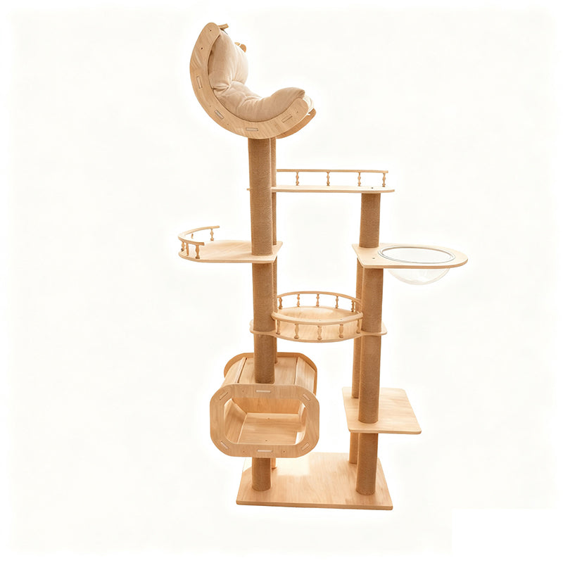 Contemporary Scandinavian Square Multi-Layer Solid Wood Panel Acrylic Fabric Multi-Functional Cat Tree For Living Room