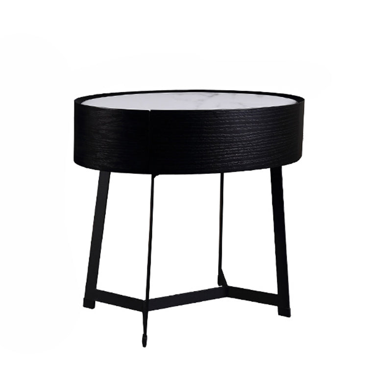 Contemporary Luxury High-Leg Nightstand: Marble Look Sintered Stone - Robot Vacuum Friendly Metal Base 1-Drawer Bedside Table For Bedroom