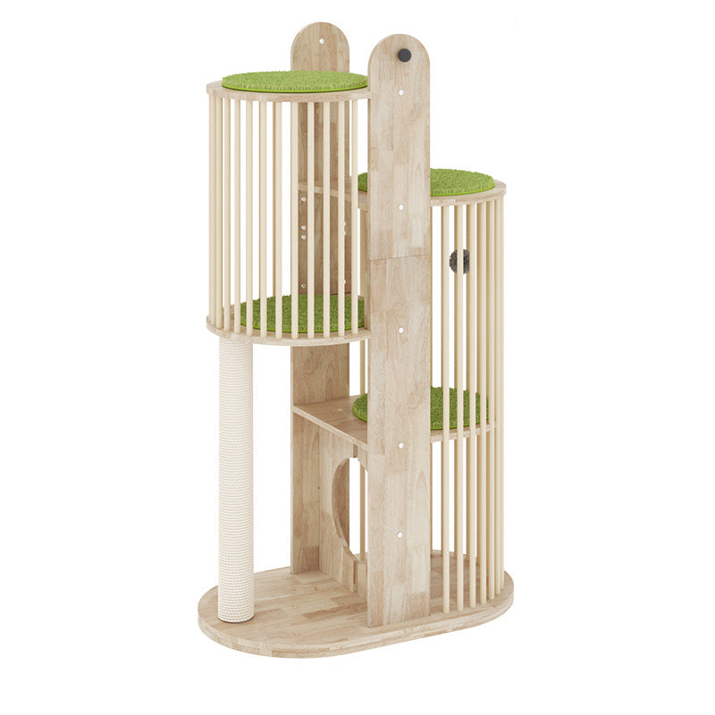 Contemporary Creative Round Solid Oak Wood Kraft Paper Rope Velvet Fabric Cat Tree 3/4/5-Tier For Living Room