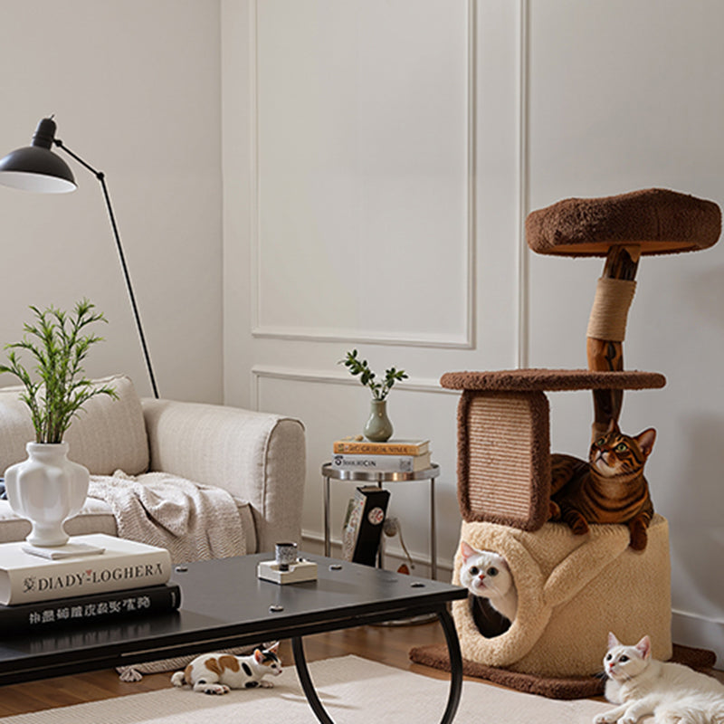 Contemporary Scandinavian Round Natural Fruitwood Particle Board Jute Velvet Fabric Multi-Functional Cat Tree 3-Tier For Living Room