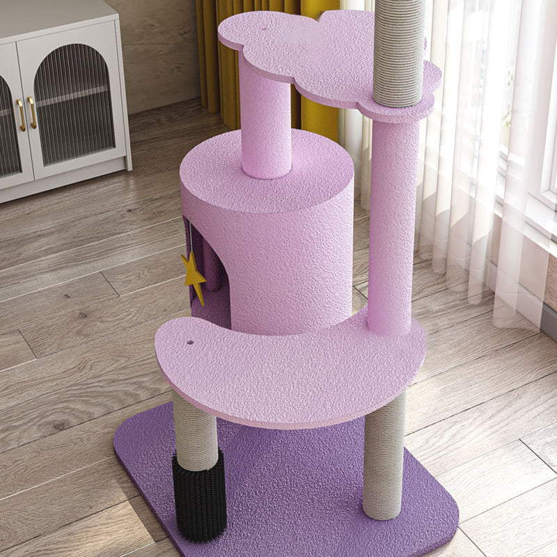 Contemporary Creative Star & Moon Theme Particle Board Velvet Fabric Sisal Multi-Functional Cat Tree 4-Tier For Living Room