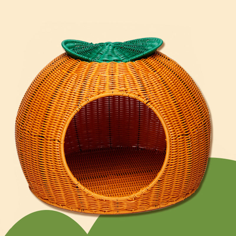 Contemporary Creative Round Orange-Shaped PP/PE Faux Rattan Velvet Fabric Handwoven Cat Bed For Bedroom & Living Room