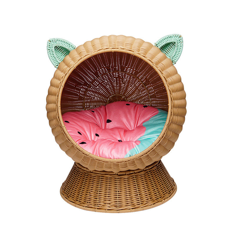 Contemporary Creative Round PP/PE Faux Rattan Fabric Handwoven Cat Ear-Shaped Cat Bed For Bedroom & Living Room