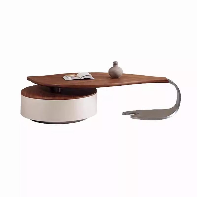 Modern Luxury Round Leaf-Shaped Medium-Density Fiberboard Veneered Saddle Leather Stainless Steel Coffee Table 1-Drawer For Living Room