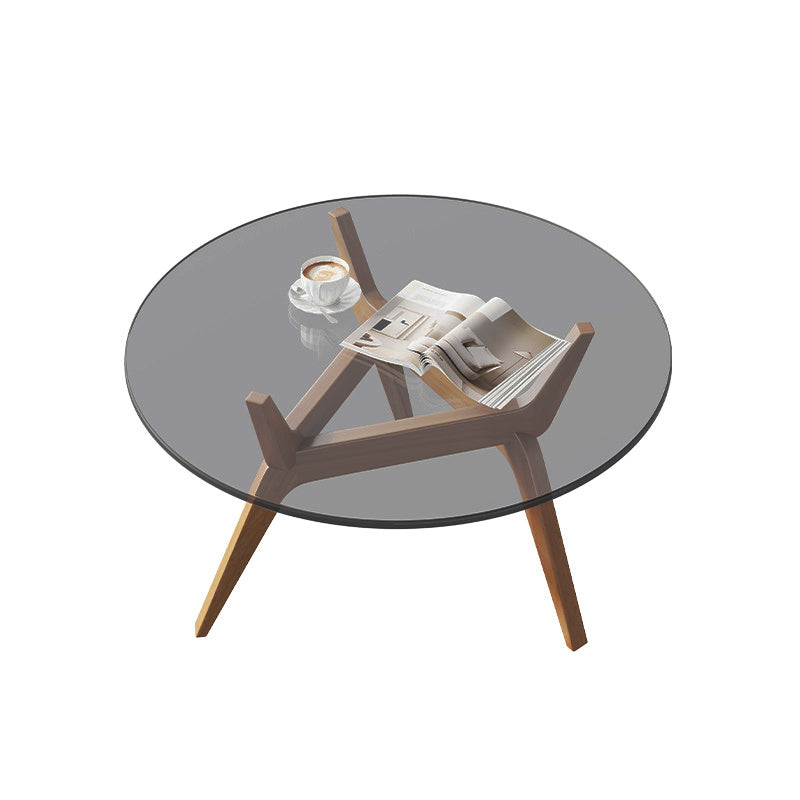 Traditional Vintage Round Rubberwood Solid Wood Tempered Glass Coffee Table For Living Room