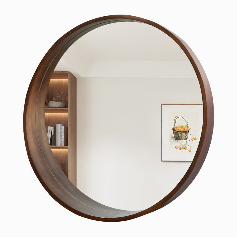 Contemporary Scandinavian Round Solid Pine Wood Float Glass Wall Mirror For Bedroom