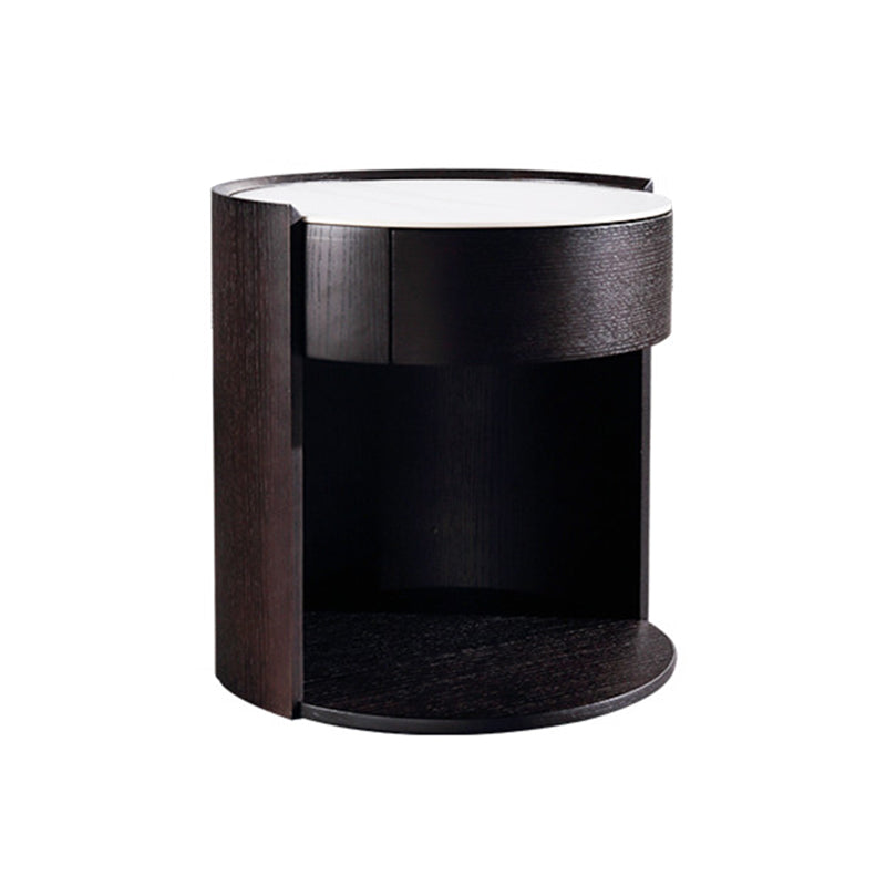 Modern Luxury Round Veneered - Solid Wood Texture Nightstand: Single Drawer Storage - Curved Aesthetic Bedside Table For Bedroom