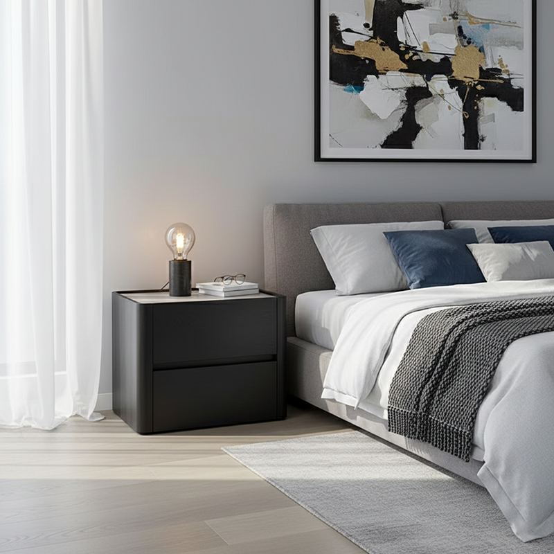 Modern Minimalist Black Dual-Drawer Nightstand: Sleek Rectangular Design - Efficient Storage Bedside Table For Bedroom