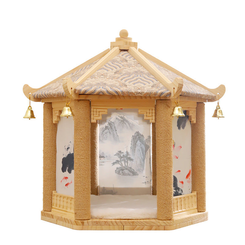 Traditional Chinese Hexagonal Solid Pine Wood Fabric Sisal Pavilion Design Cat Tree For Bedroom & Living Room