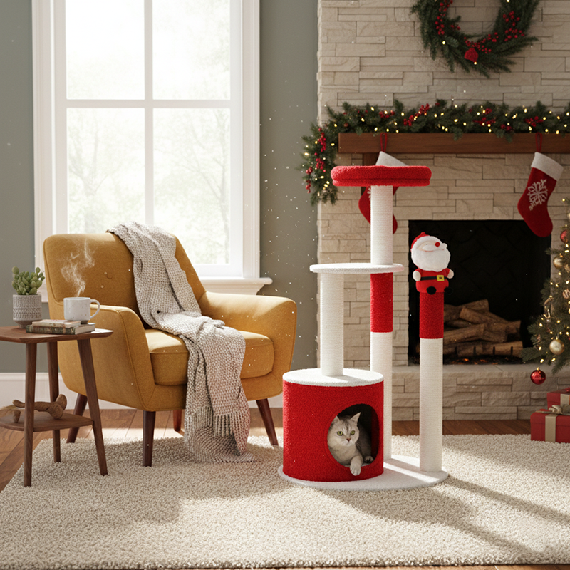 Contemporary Creative Round Particle Board Velvet Fabric Sisal Christmas Cat Tree For Living Room & Bedroom