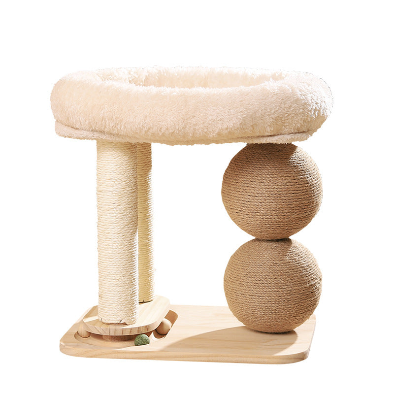 Contemporary Scandinavian Rectangular Pine Wood Velvet Fabric Sisal Cat Tree 2-Tier For Living Room & Bedroom
