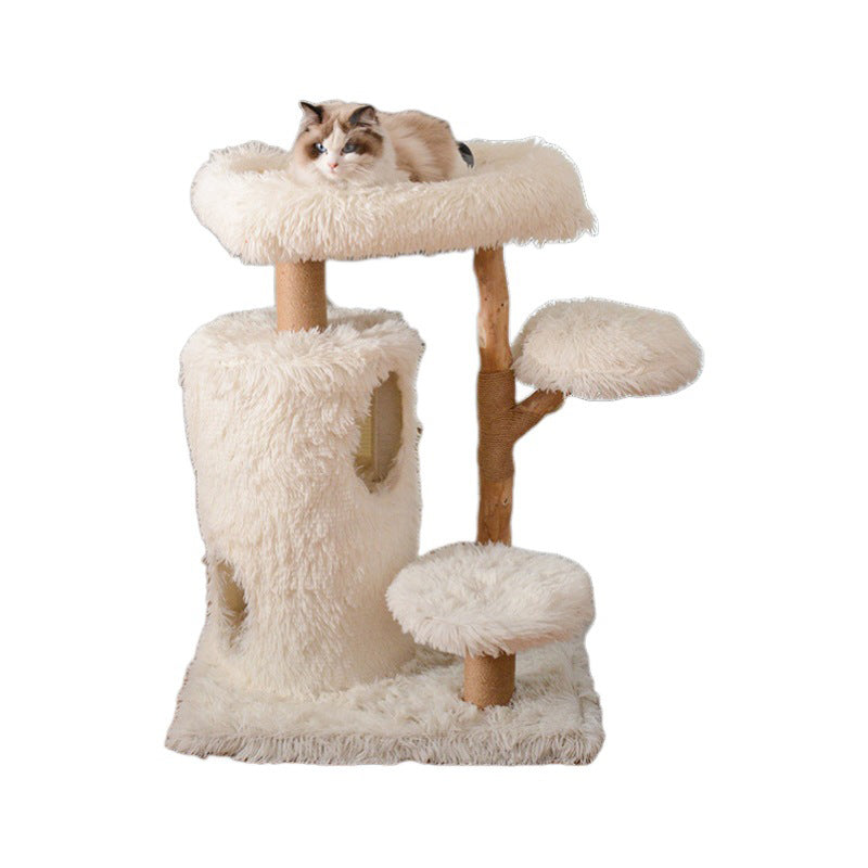Contemporary Scandinavian Round Natural Fruit Wood Particle Board Velvet Fabric Jute Cat Tree 3-Tier For Living Room