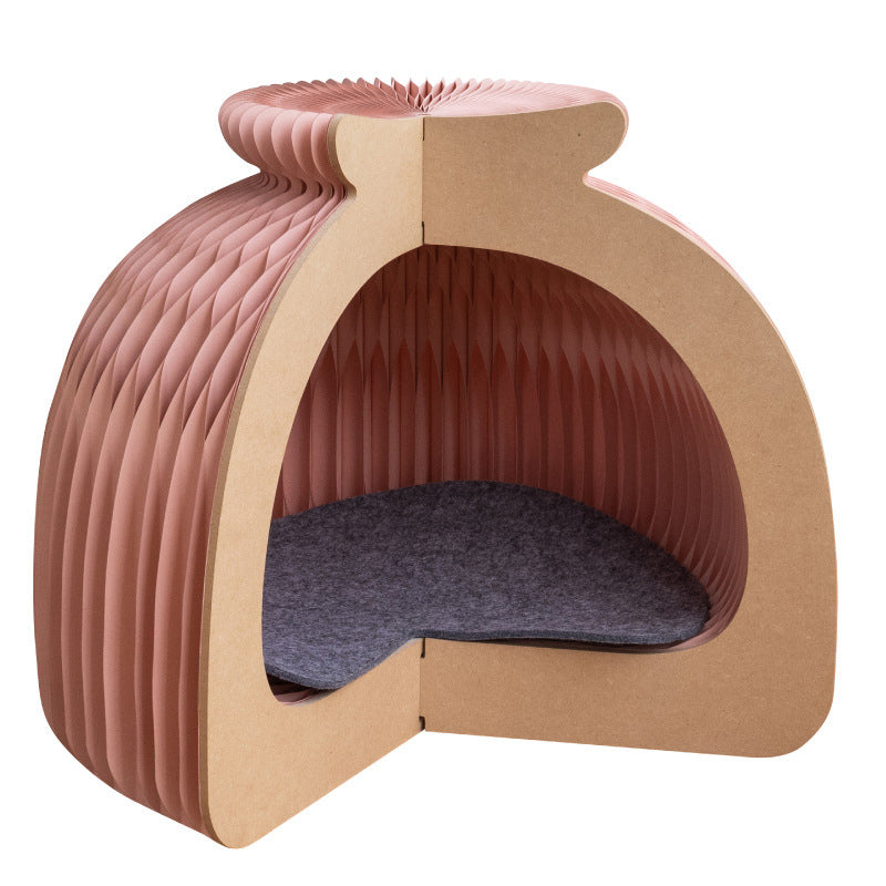 Modern Art Deco Round Kraft Paper OSB Board Felt Bun-Shaped Foldable Cat Bed For Bedroom