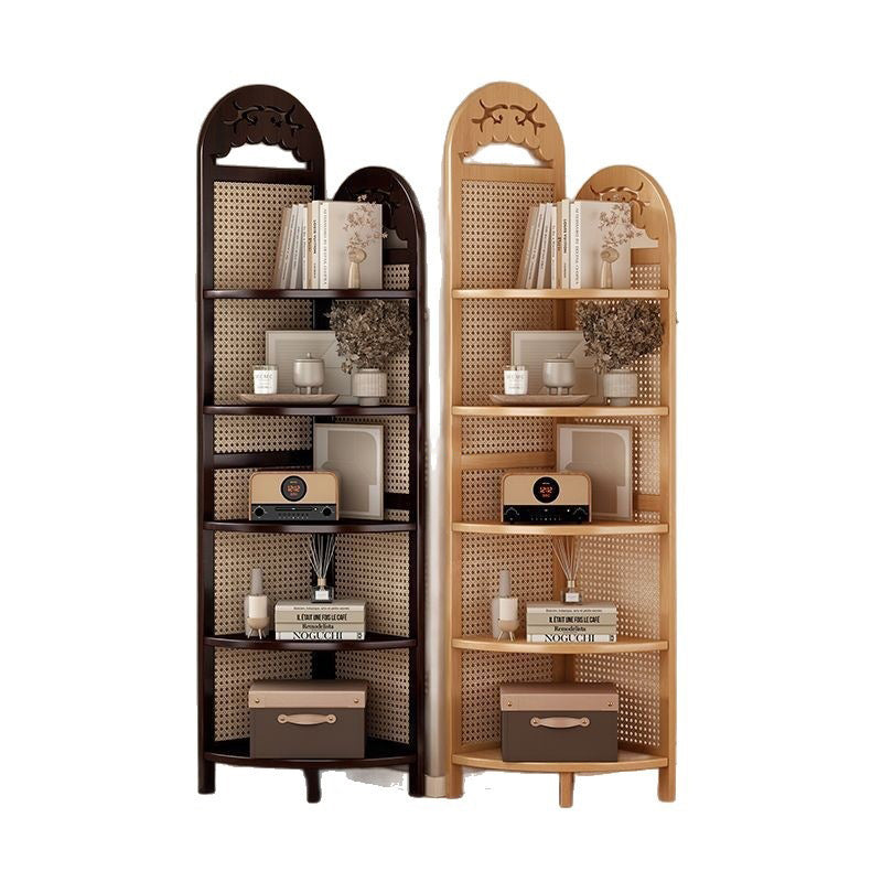 Traditional Chinese Rectangular Natural Nan Bamboo Rattan Corner Shelf Unit 5-Tier For Living Room