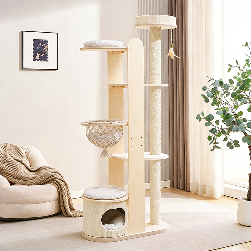 Contemporary Scandinavian Round Rubberwood Multi-Layer Solid Wood Panel Acrylic Velvet Fabric Sisal Cat Tree For Living Room