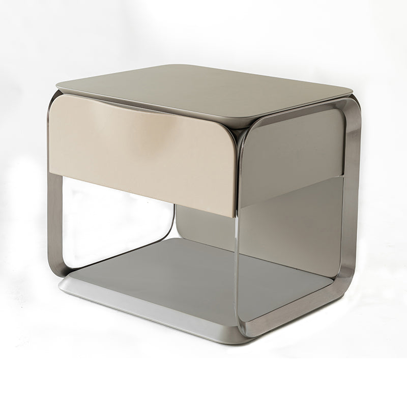 Modern Luxury White & Silver Nightstand : Floating Design Microfiber Leather Drawer Front - Single Drawer Bedside Table For Bedroom