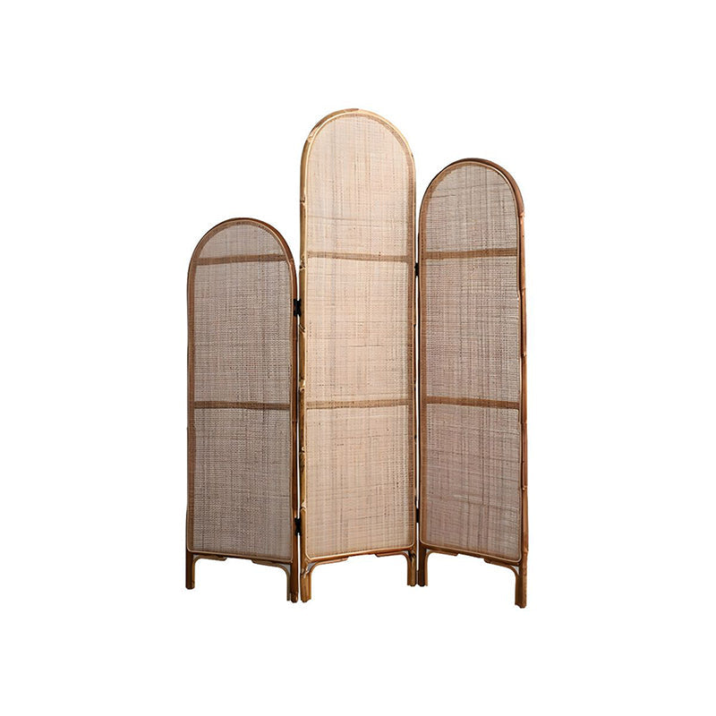 Traditional Chinese Wood Color Three-Panel Screen: Natural Indonesian Rattan & Handwoven - Asymmetrical Tiered Design Room Divider For Living Room