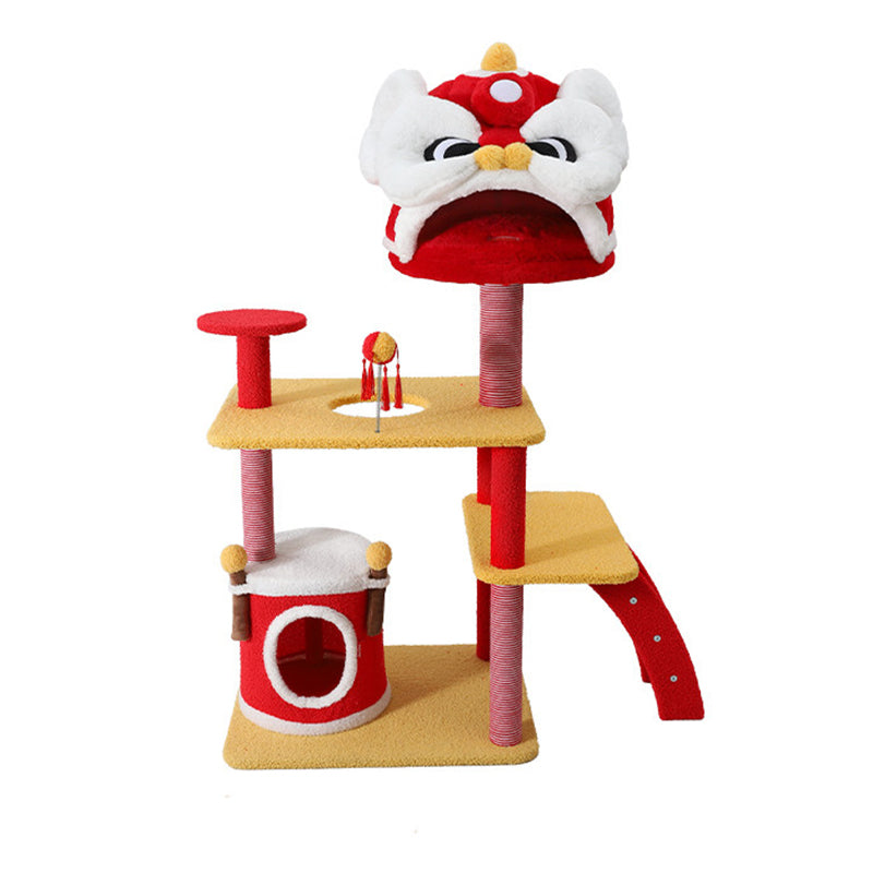 Contemporary Creative Rectangular Particleboard Velvet Fabric Sisal Chinese Lion-Shaped Cat Tree For Living Room