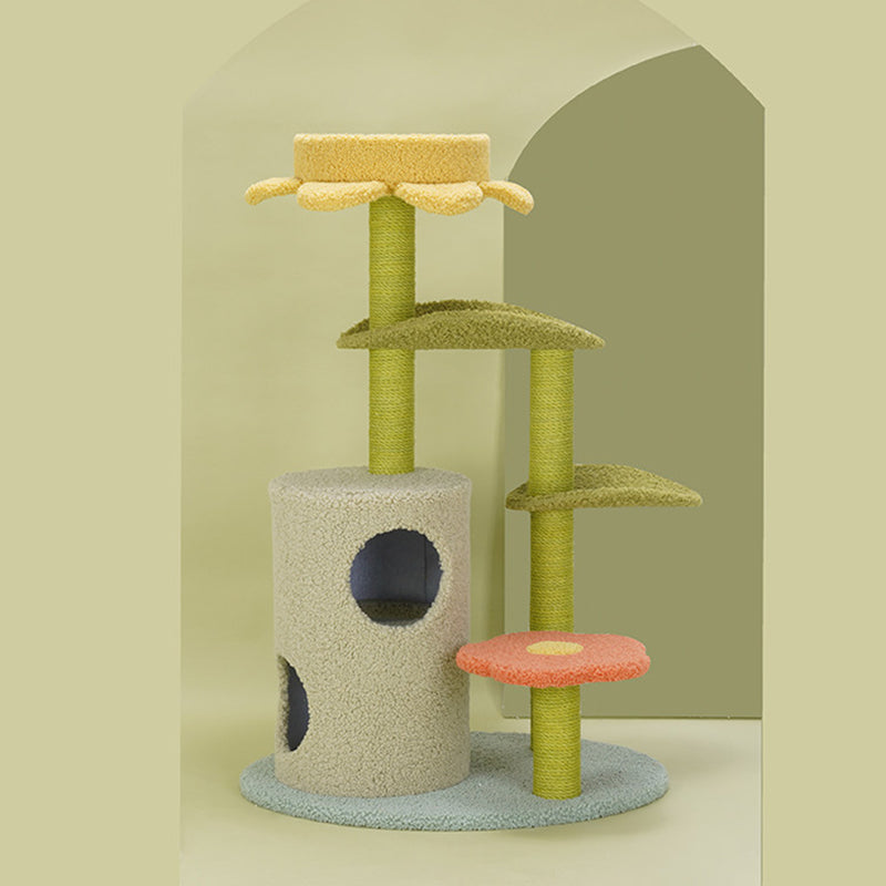 Contemporary Creative Round Particleboard Velvet Fabric Hemp Rope Cat Tree For Living Room