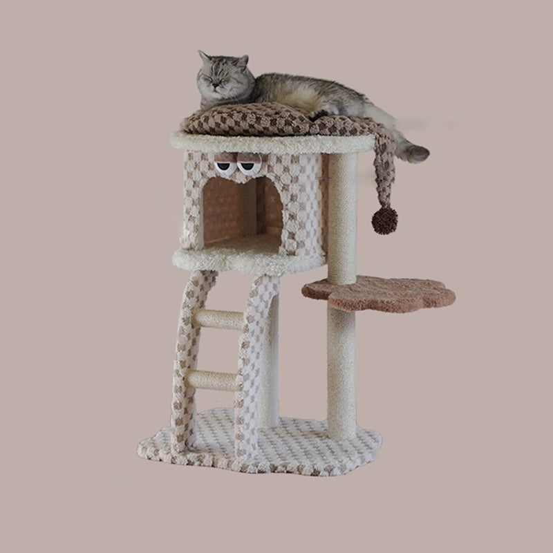Contemporary Creative Square Particleboard Velvet Fabric Hemp Rope Cat Tree For Living Room