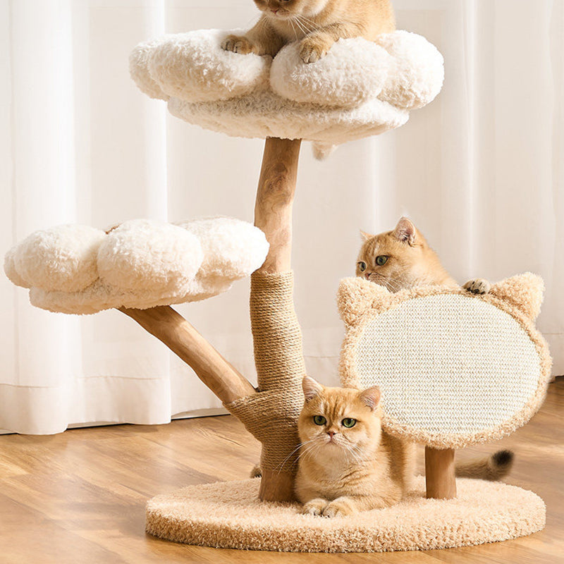 Contemporary Scandinavian Round Medium-Density Fiberboard Natural Fruitwood Velvet Fabric Sisal Jute Cat Tree 3-Tier For Living Room