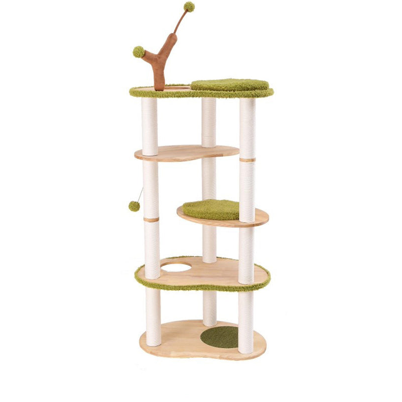 Contemporary Creative Oval Rubberwood Multi-Layer Panel Velvet Fabric Paper Rope Jute Felt Cat Tree 5-Tier For Living Room