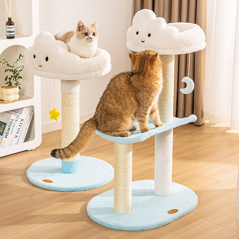 Contemporary Creative Round Particleboard Velvet Fabric Sisal Cloud Cat Tree 2/3-Tier For Living Room