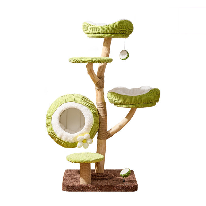 Contemporary Creative Round Natural Fruitwood Particleboard Velvet Fabric Sisal Coconut Cat Tree 5-Tier For Living Room