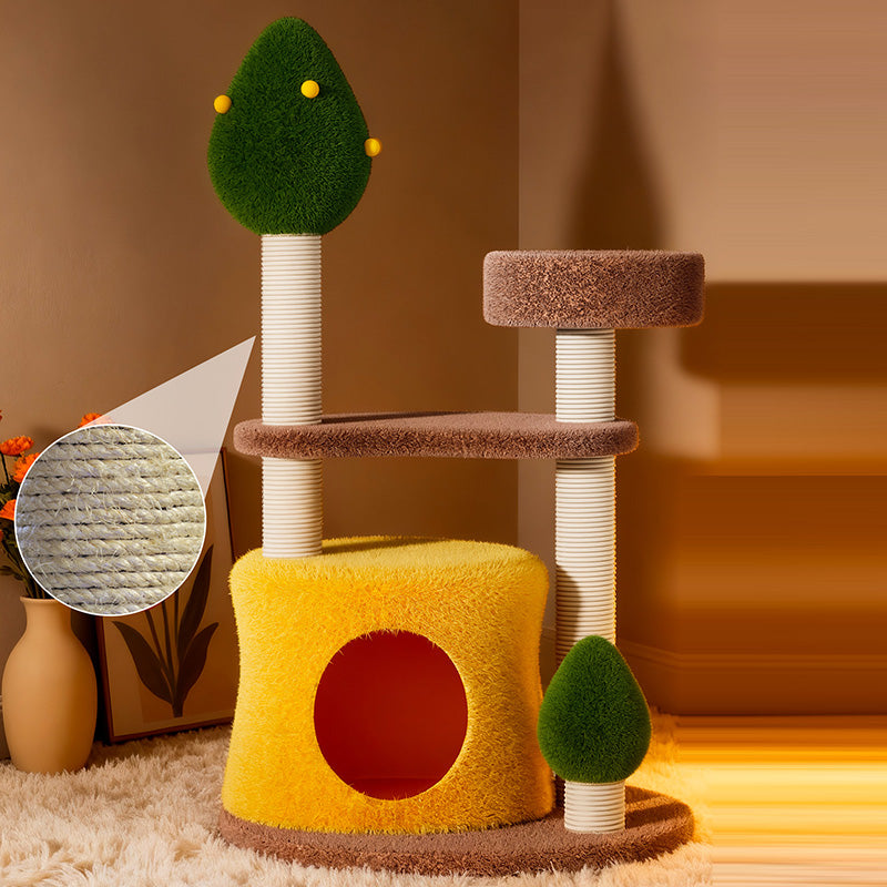 Contemporary Creative Round Medium-Density Fiberboard Sisal Velvet Fabric Cat Tree 3-Tier For Living Room