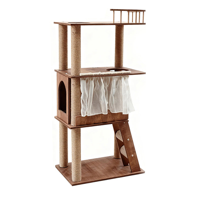 Contemporary Scandinavian Rectangular Pine Solid Wood Pillar Multi-Layer Solid Wood Panel Hemp Rope Cat Tree 4-Tier For Living Room