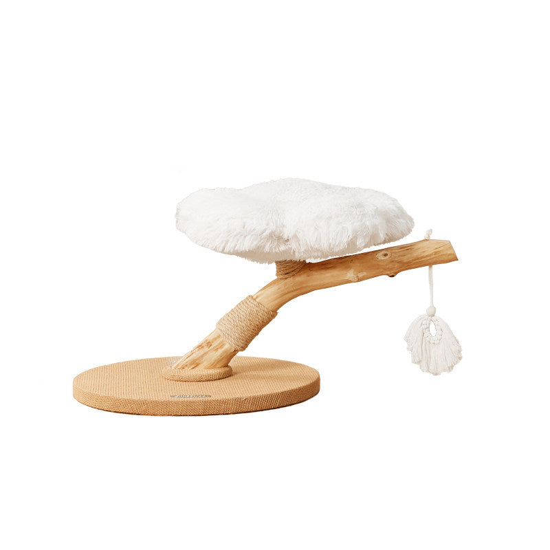 Contemporary Scandinavian Round Particleboard Natural Fruitwood Velvet Fabric Hemp Rope Cat Tree 2-Tier For Living Room