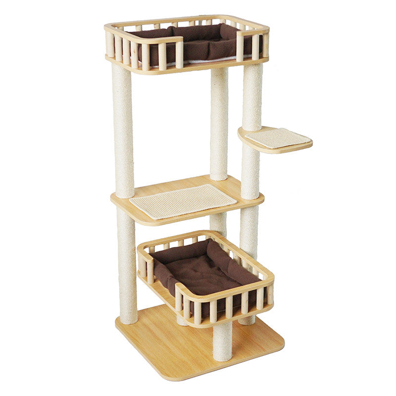Contemporary Scandinavian Square Multi-Layer Solid Wood Panel Velvet Fabric Sisal Cat Tree 4-Tier For Living Room