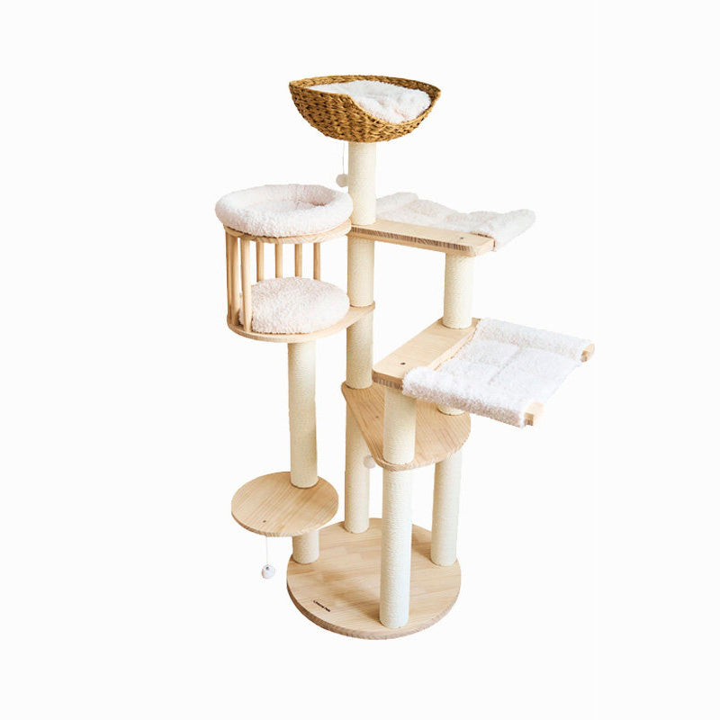 Contemporary Scandinavian Round Solid Pine Wood Faux Rattan Velvet Fabric Kraft Paper Rope Cat Tree 5-Tier For Living Room