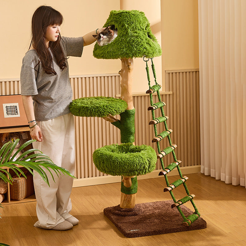 Contemporary Creative Round Particleboard Natural Fruitwood Sisal Velvet Fabric Cat Tree 4-Tier For Living Room