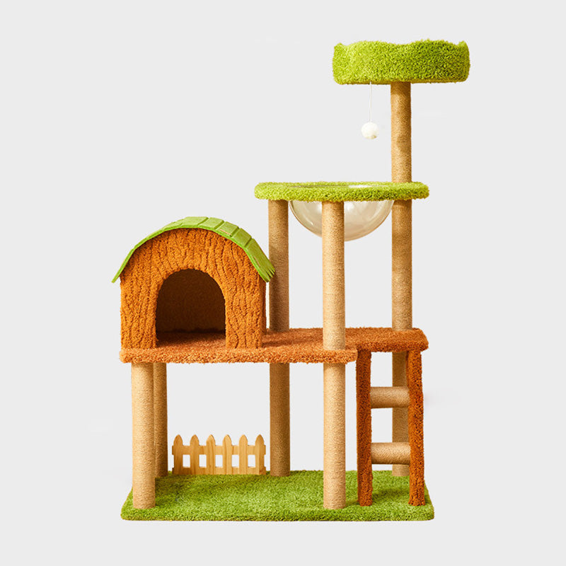 Contemporary Creative Rectangular Medium-Density Fiberboard Velvet Felt Sisal Tree House Cat Tree 2/3/4-Tier For Living Room