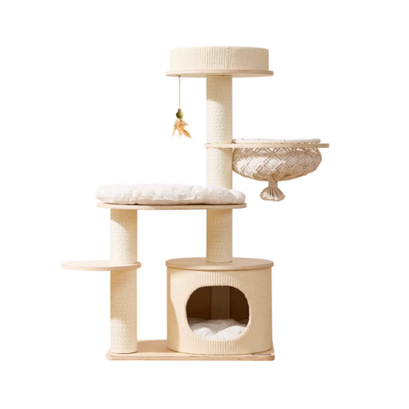 Contemporary Scandinavian Round Plywood Paper Rope Sisal Velvet Fabric Cat Tree & Condo 2-Condo 2-Perch For Bedroom