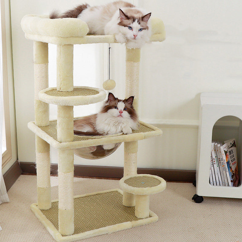 Contemporary Scandinavian Rectangular Particleboard Velvet Fabric Sisal Cat Tree 3-Perch For Bedroom