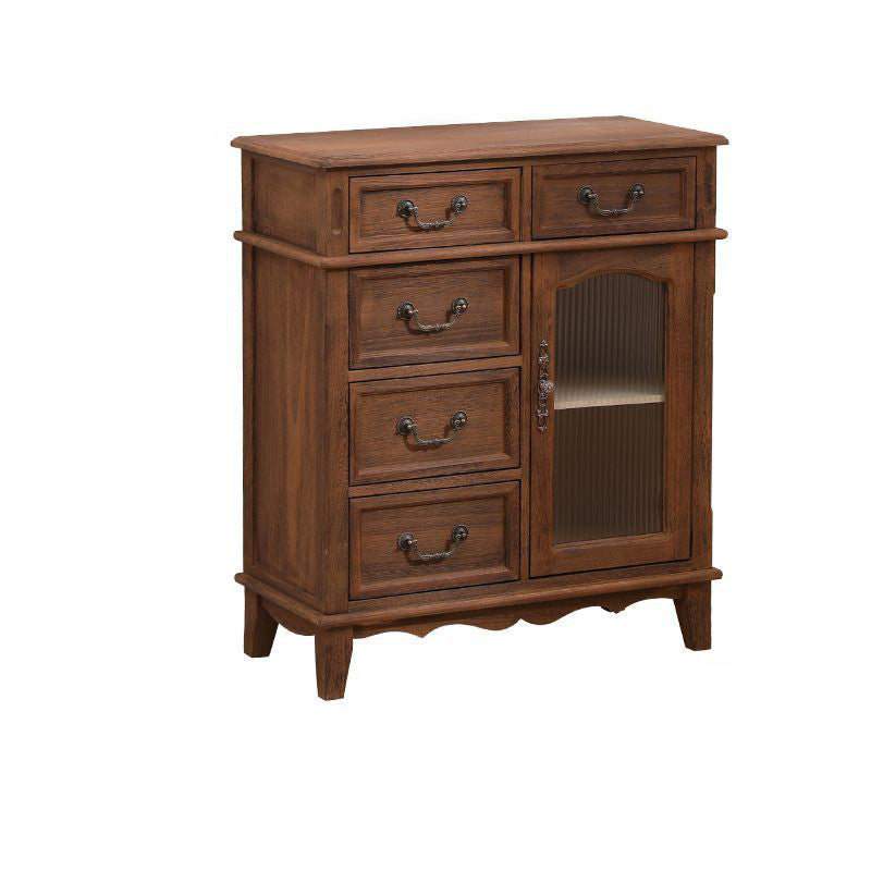 Modern Minimalist Rectangular Solid Wood Rattan Glass Storage Cabinet 5-Drawer 2-Cabinet 4-Leg For Living Room