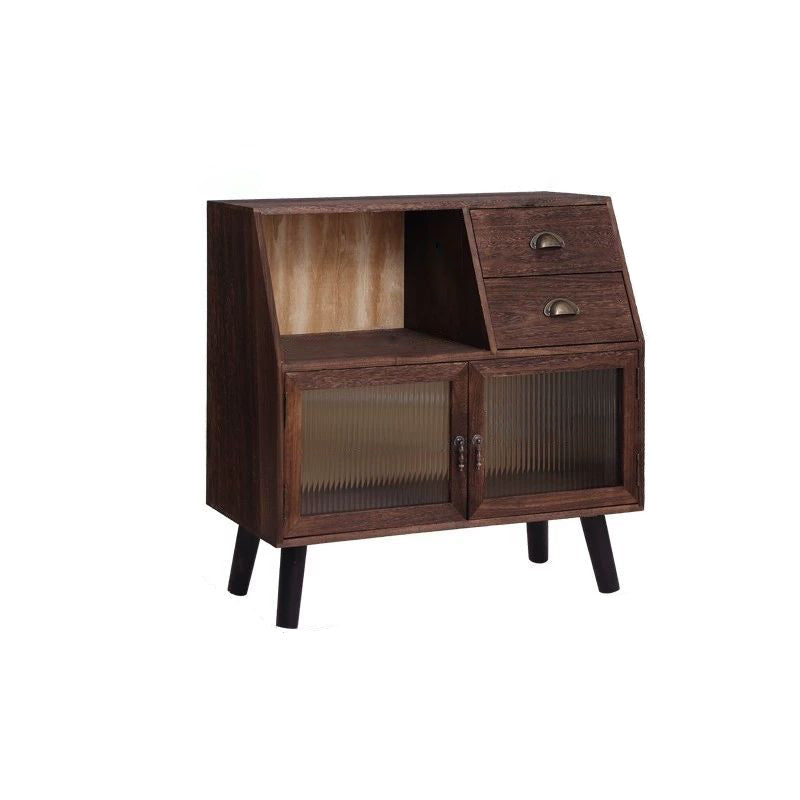 Traditional Vintage Rectangular Solid Wood Glass Storage Cabinet 2-Drawer 3-Cabinet 4-Leg For Living Room